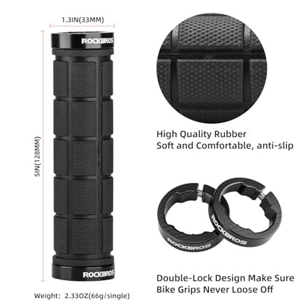 Black textured rubber bike handlebar grips with double-lock design and mounting rings
