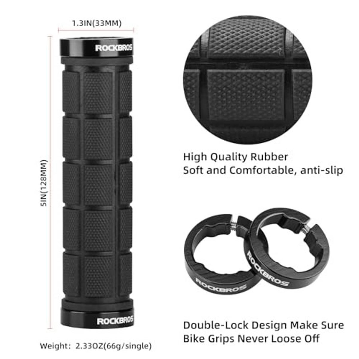 Black textured rubber bike handlebar grips with double-lock design and mounting rings
