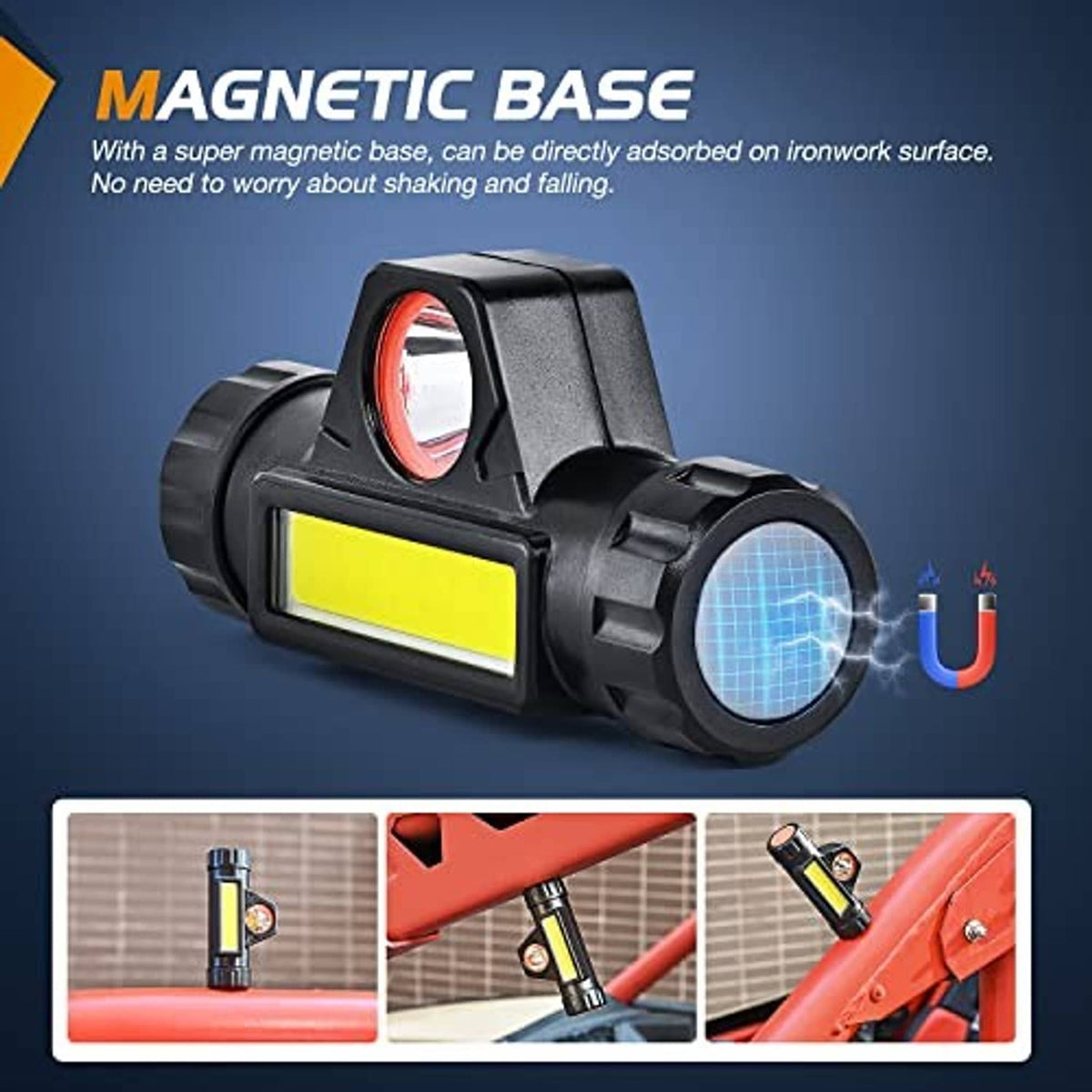 Black magnetic-base LED light with white spotlight lens and yellow COB bar