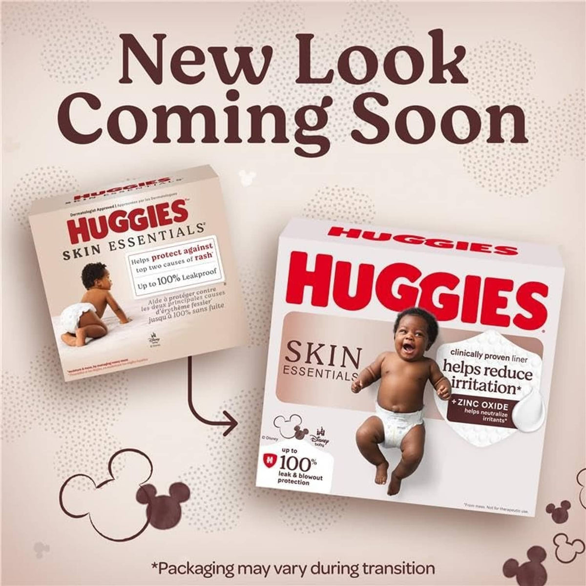Huggies Skin Essentials diaper pack with “New Look Coming Soon” graphic