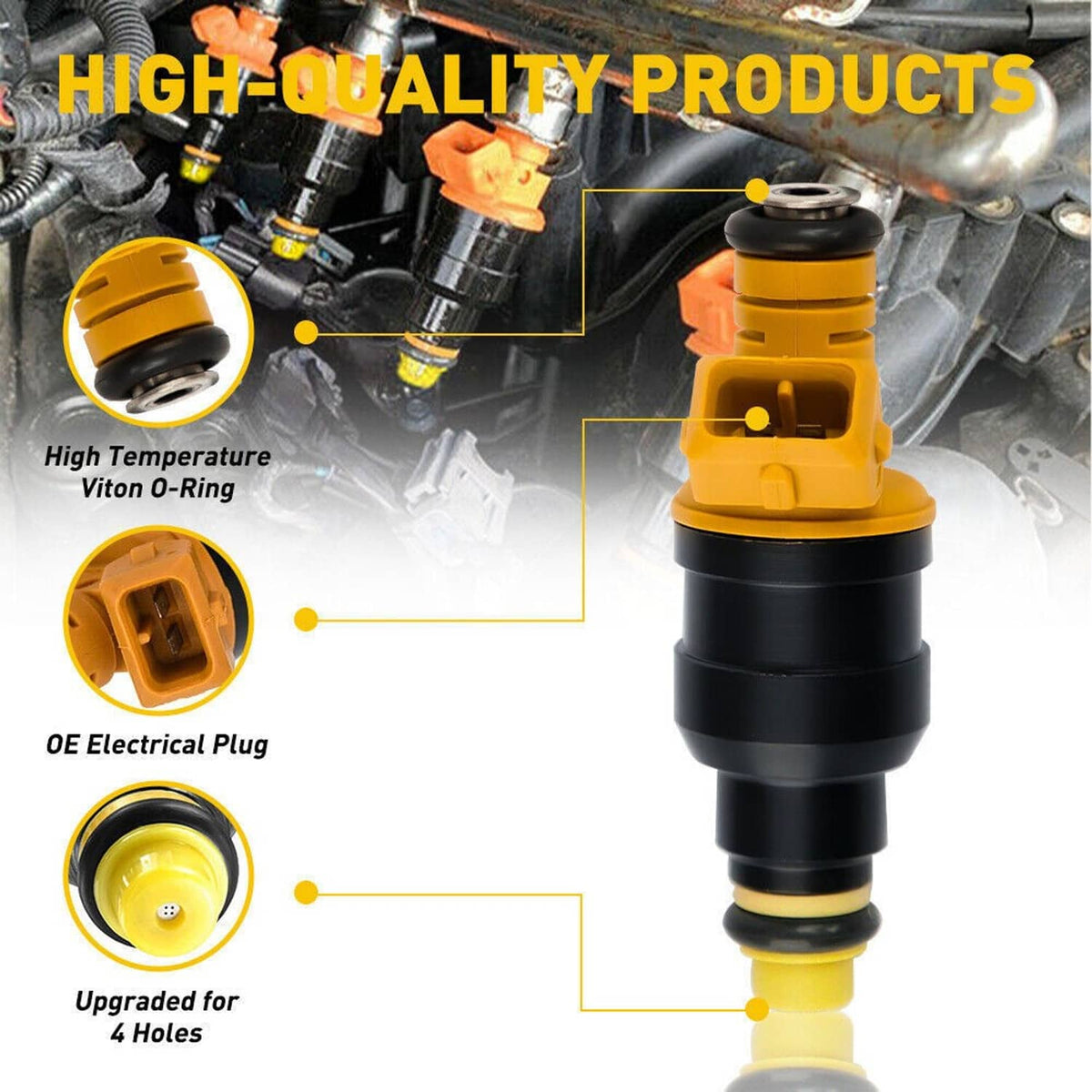 Orange and black fuel injector with detailed connector ends and black o-ring seals