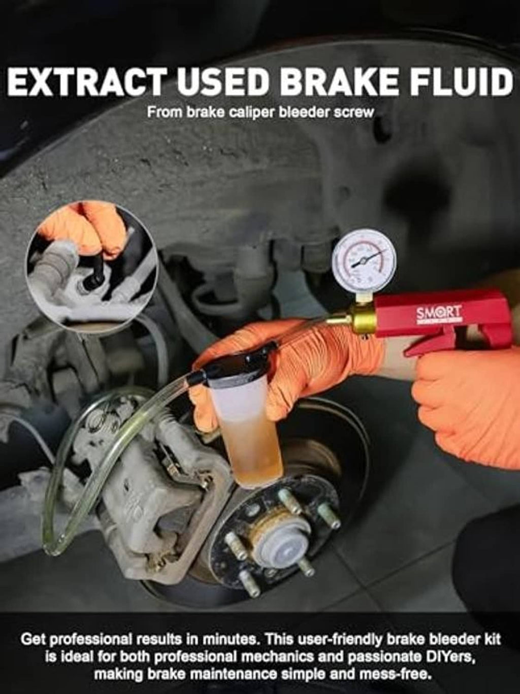 Brake bleeder kit vacuum pump with pressure gauge used at the brake caliper bleeder screw