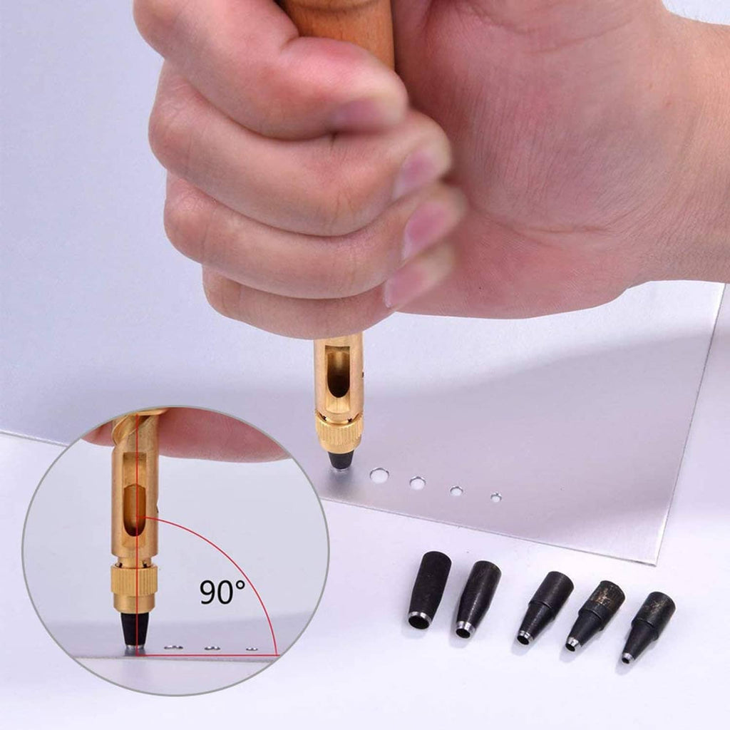 Hand using leather screw punch on metal sheet; black tips shown with 90° inset