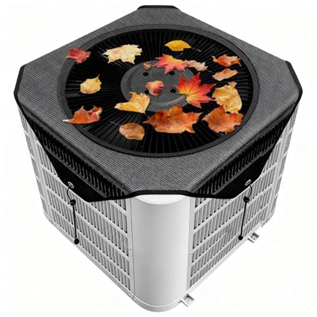 Outdoor air conditioner cover with leaf-pattern black mesh top and gray ventilated sides