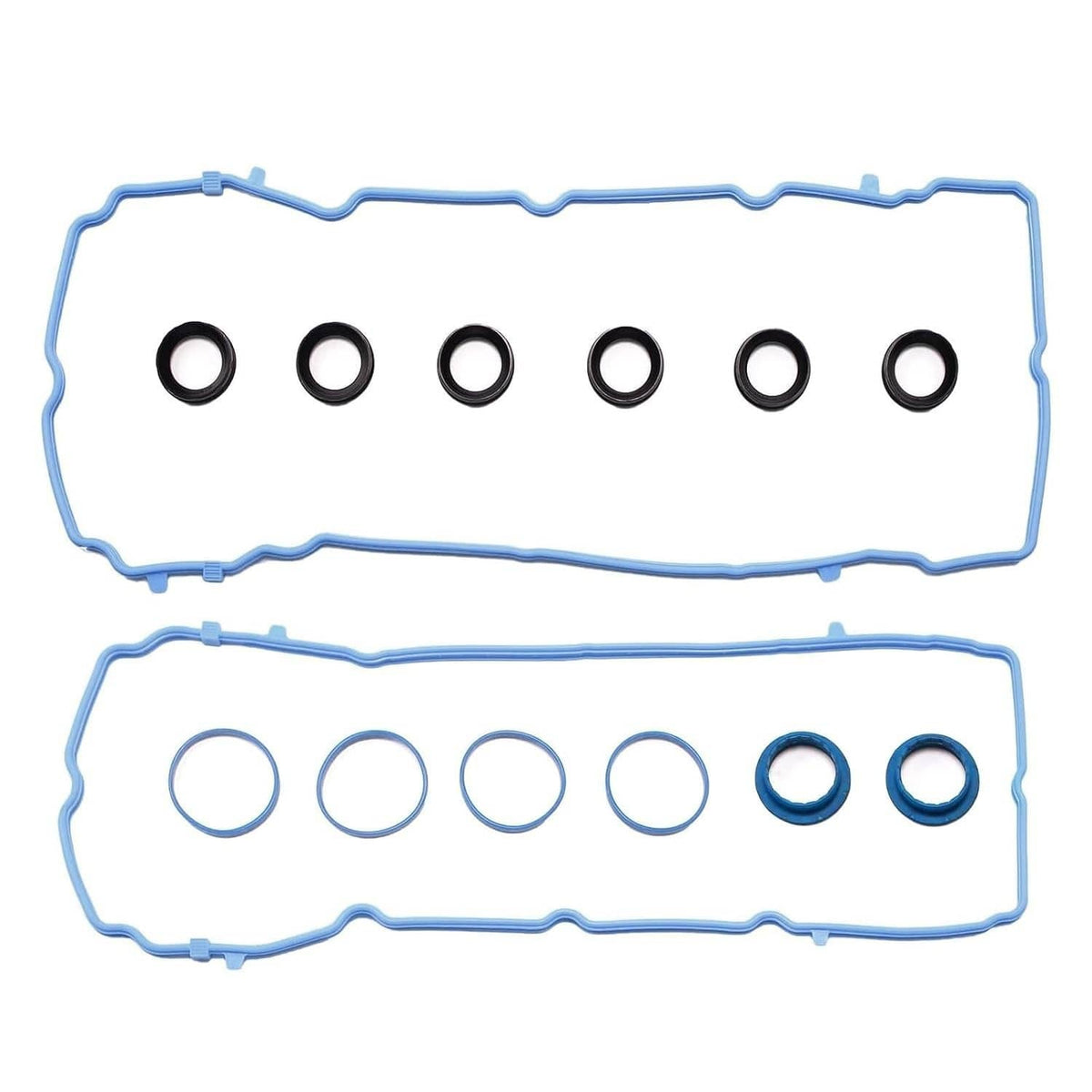Blue valve cover gasket with black rubber rings and clear gasket seals, two rows.