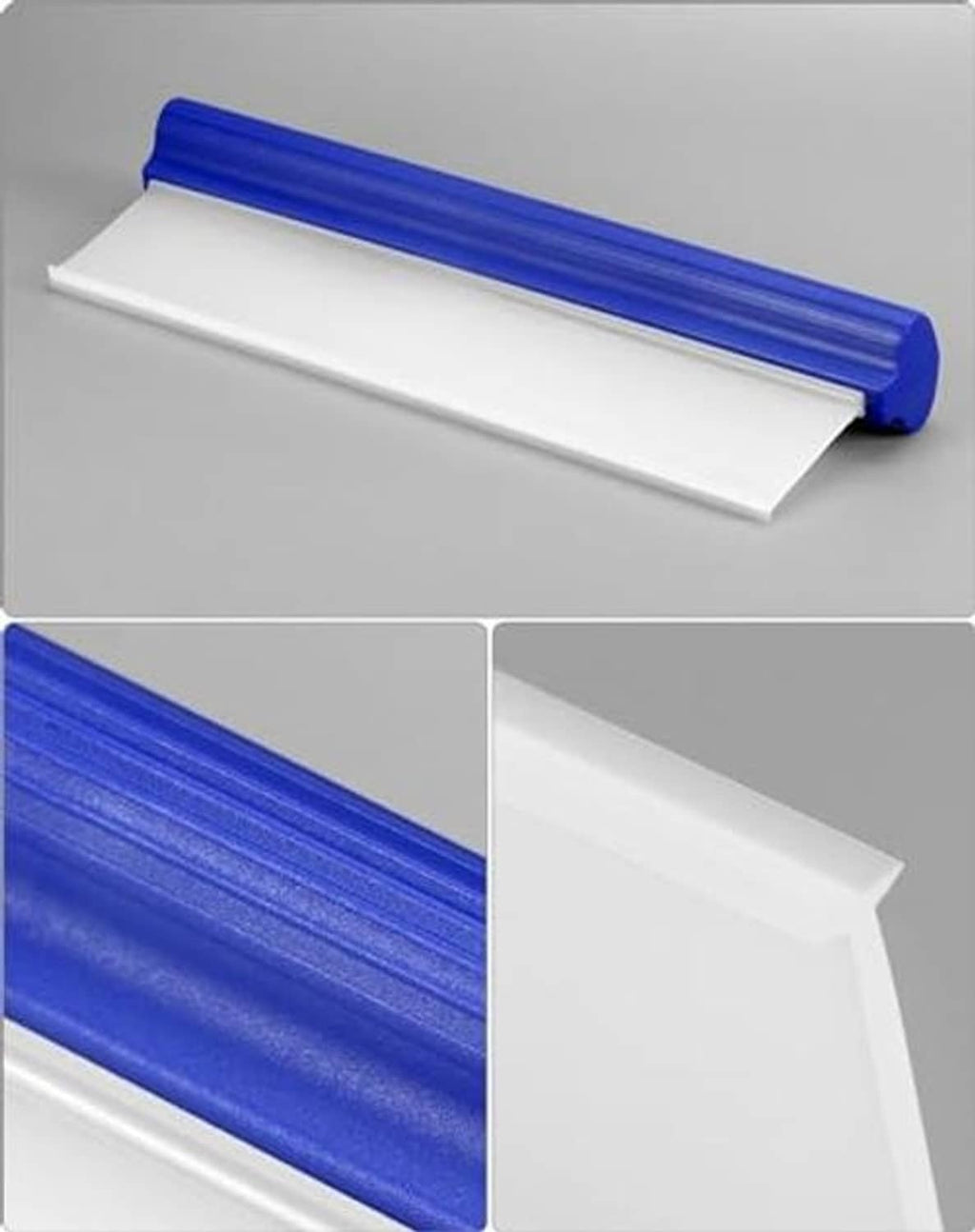 Blue car squeegee with white blade detail, shown from side angle