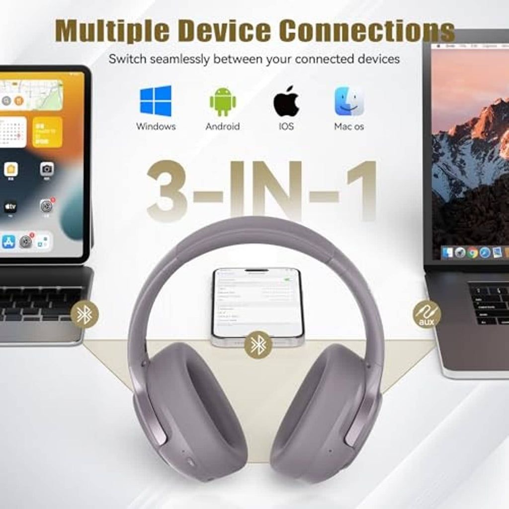Gray over-ear wireless headphones with front ear padding and visible side ports