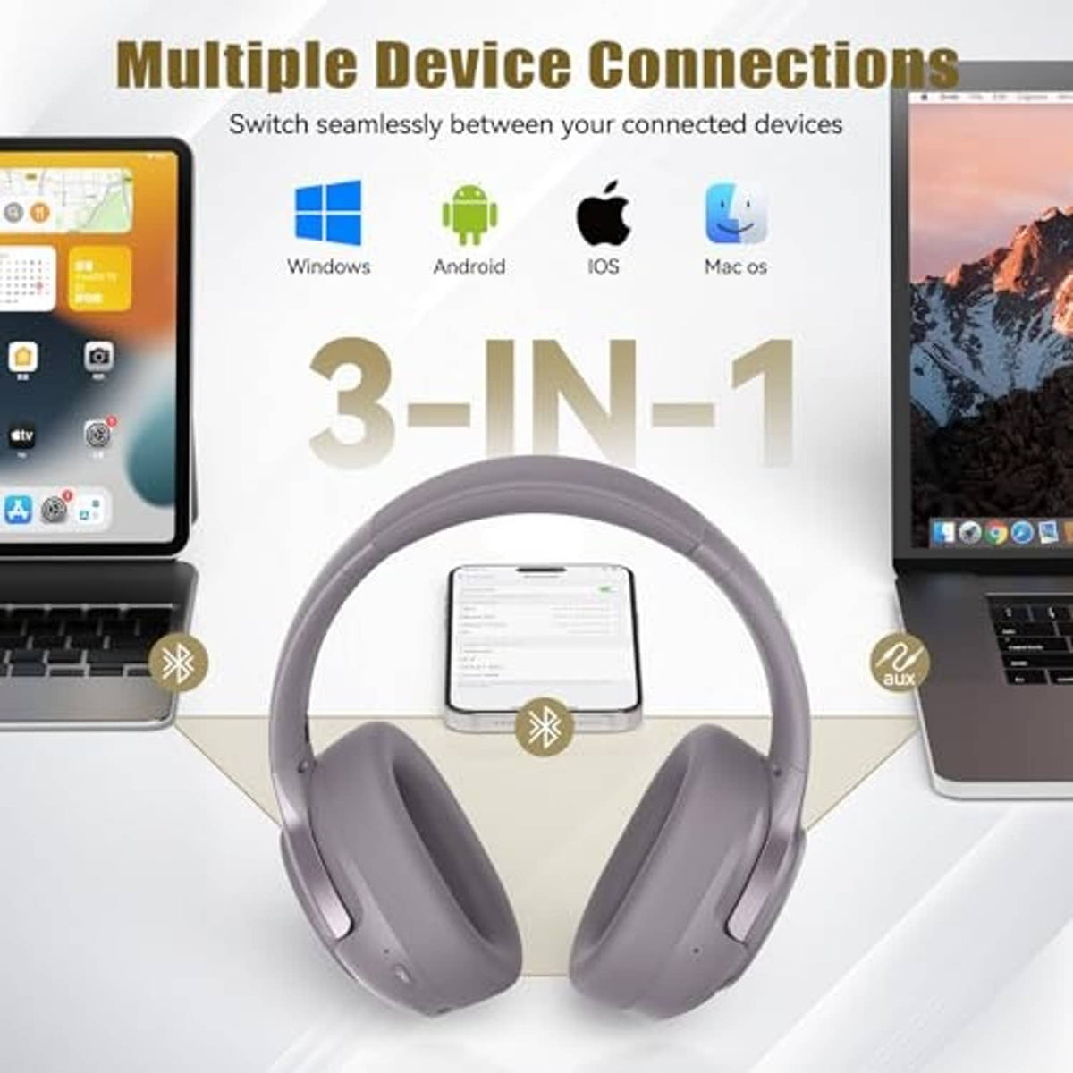 Gray over-ear wireless headphones with front ear padding and visible side ports