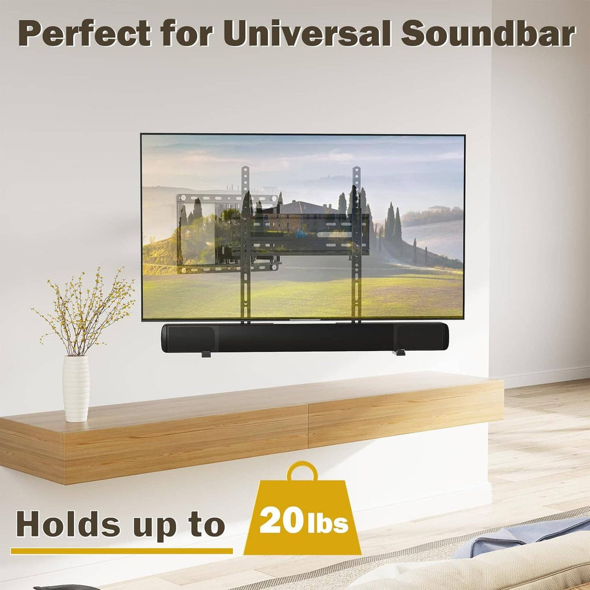 Universal soundbar mount bracket holding up to 20 lbs with vertical hole rails