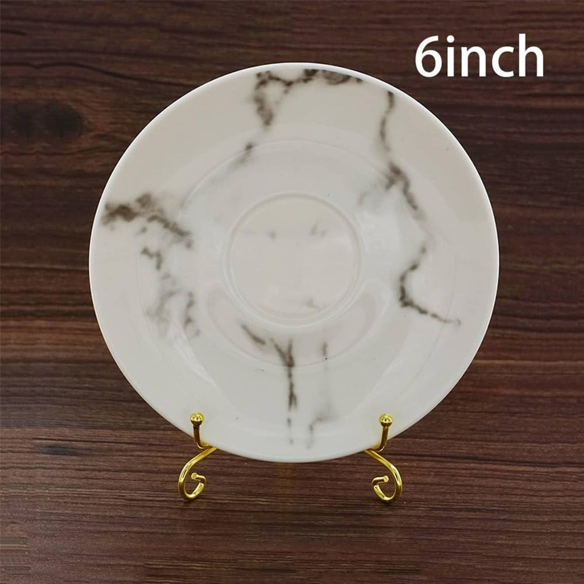 6-inch white plate displayed on gold metal stand with three curled supports.