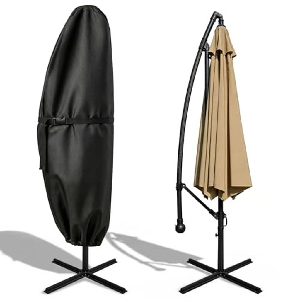 Black umbrella cover fitted over an offset cantilever umbrella frame