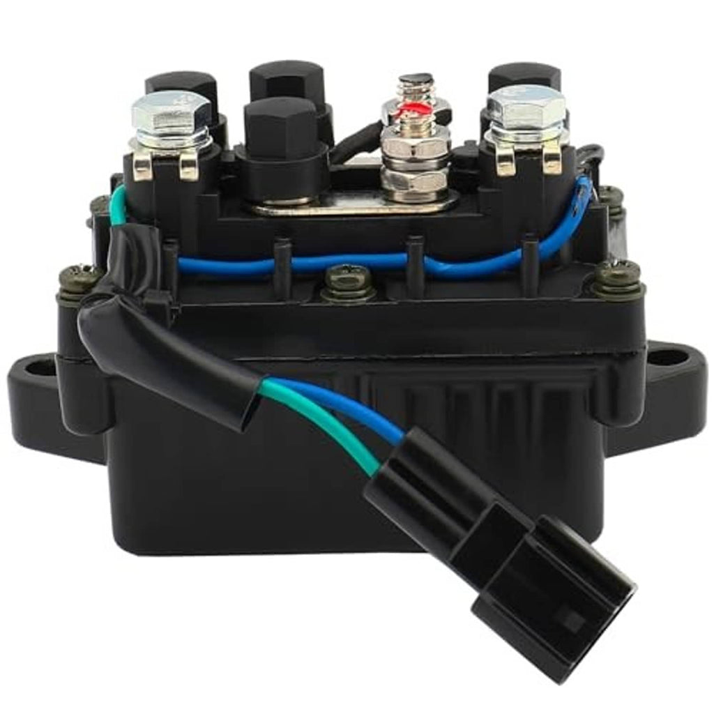Black relay module with raised terminal studs, blue wiring, and black electrical plug