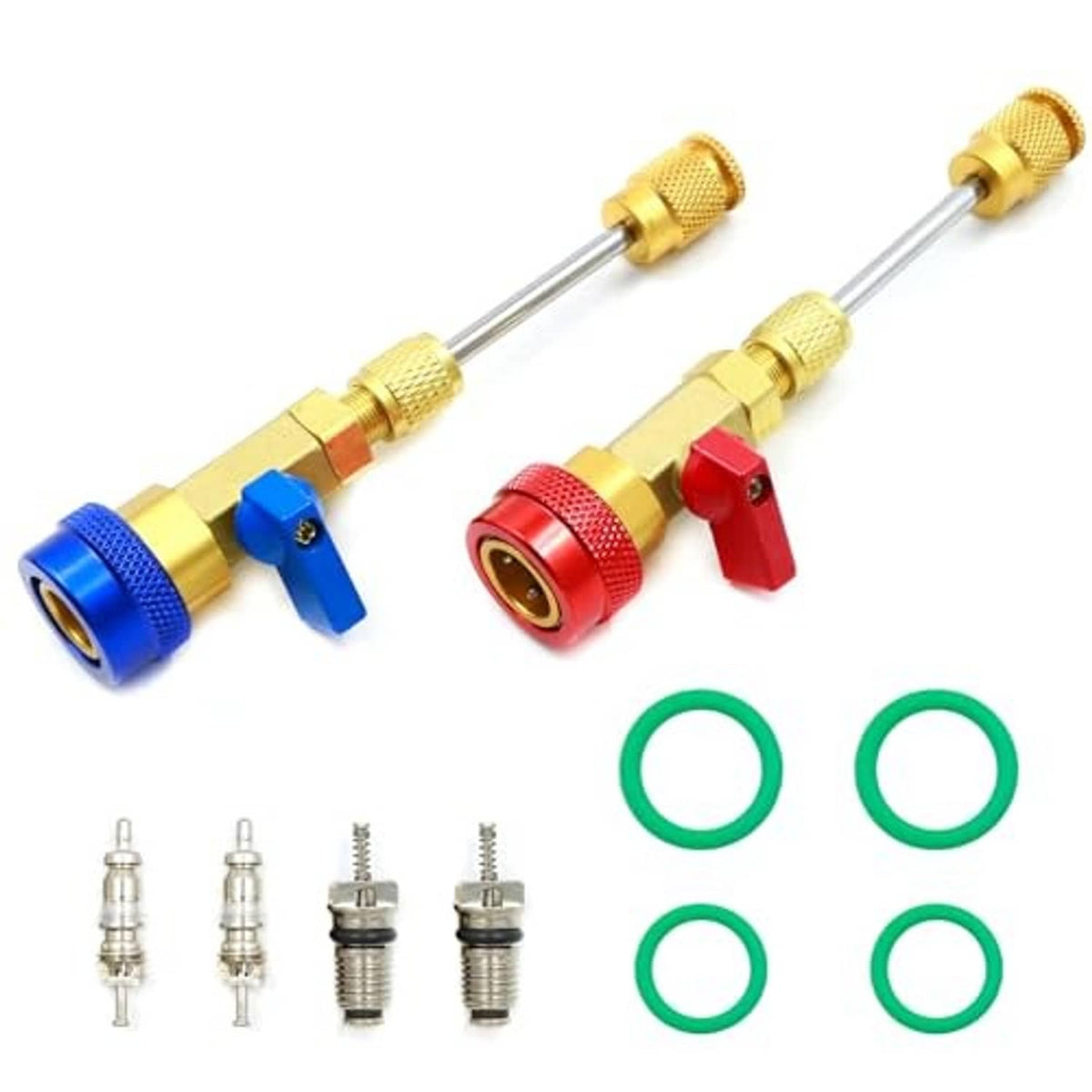 Two brass valve core tools with long rods, red and blue knobs, plus O-rings and cores