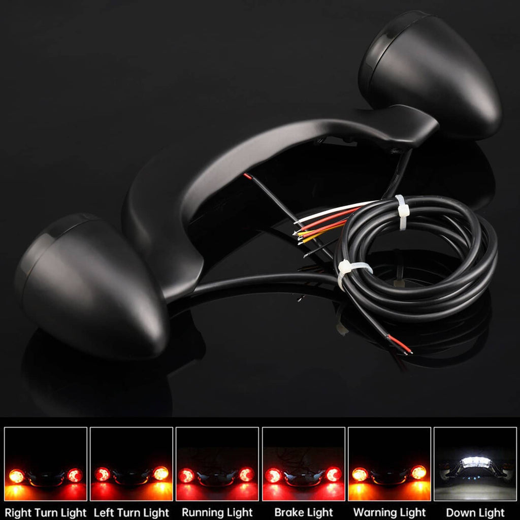 Black rear light bar with two round smoked lenses and wiring harness