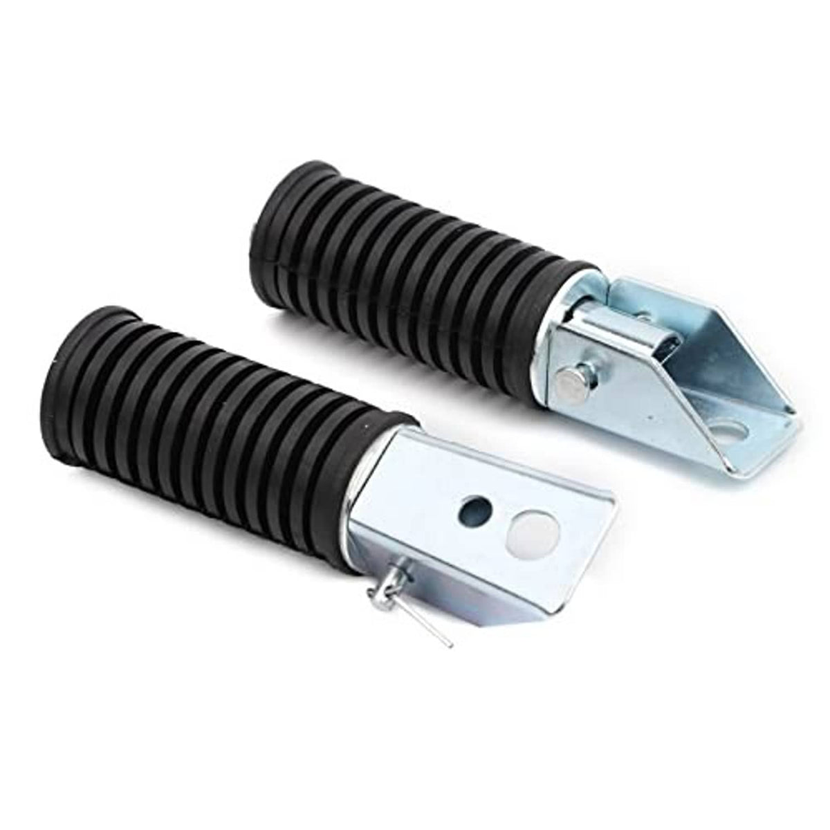 Set of folding mini bike foot pegs with black rubber ridges and silver mounting tabs