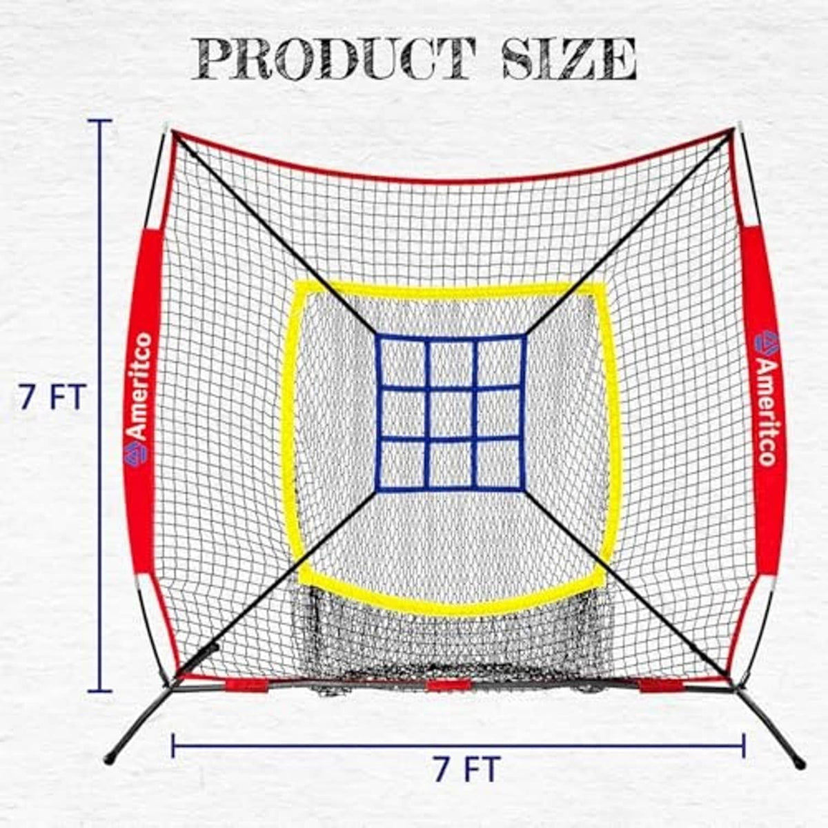 Baseball training net with strike-zone target, 7 ft x 7 ft frame