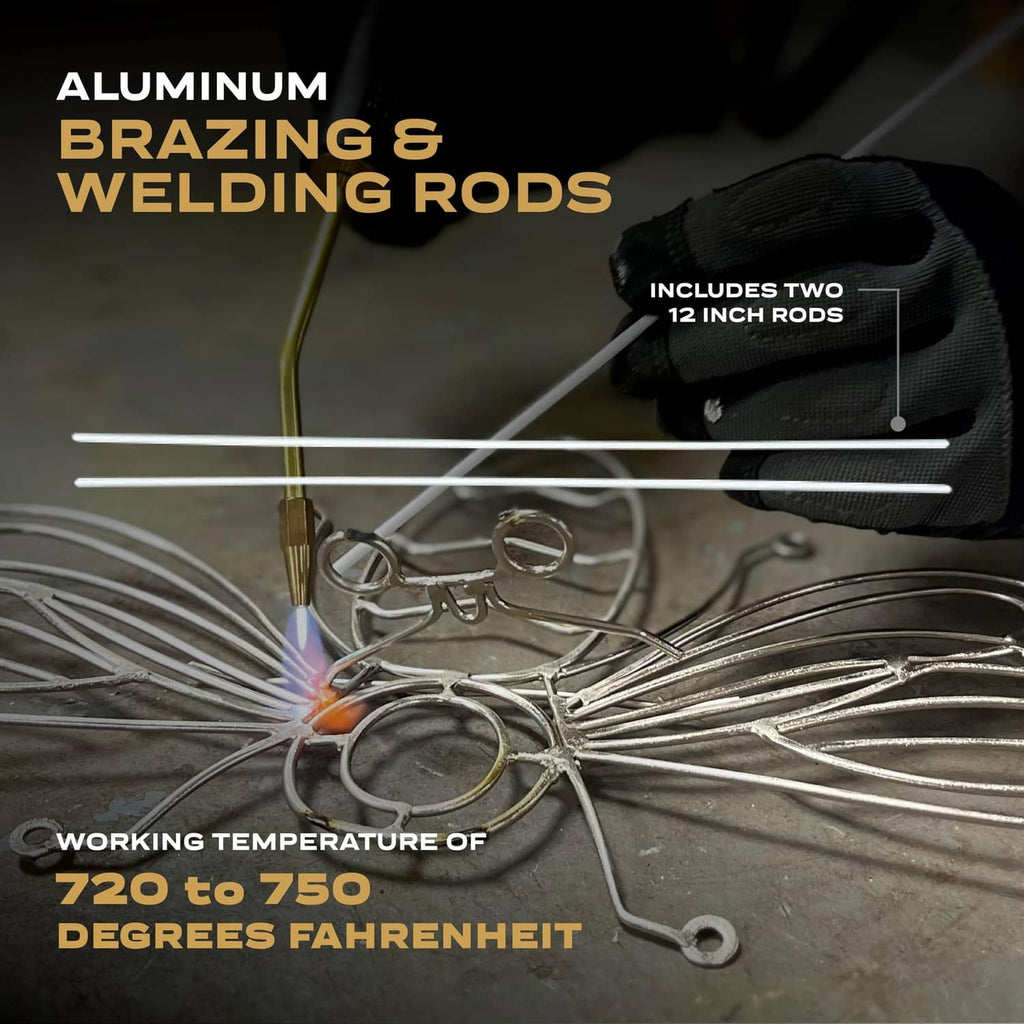 Aluminum brazing and welding rods laid out; two 12-inch rod ends visible