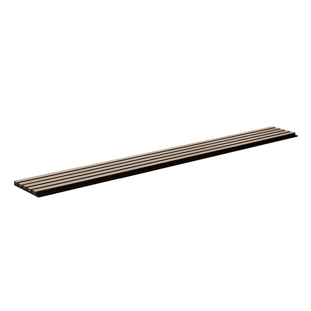 Wood slat acoustic panel, horizontal slat stack with dark and silver strips