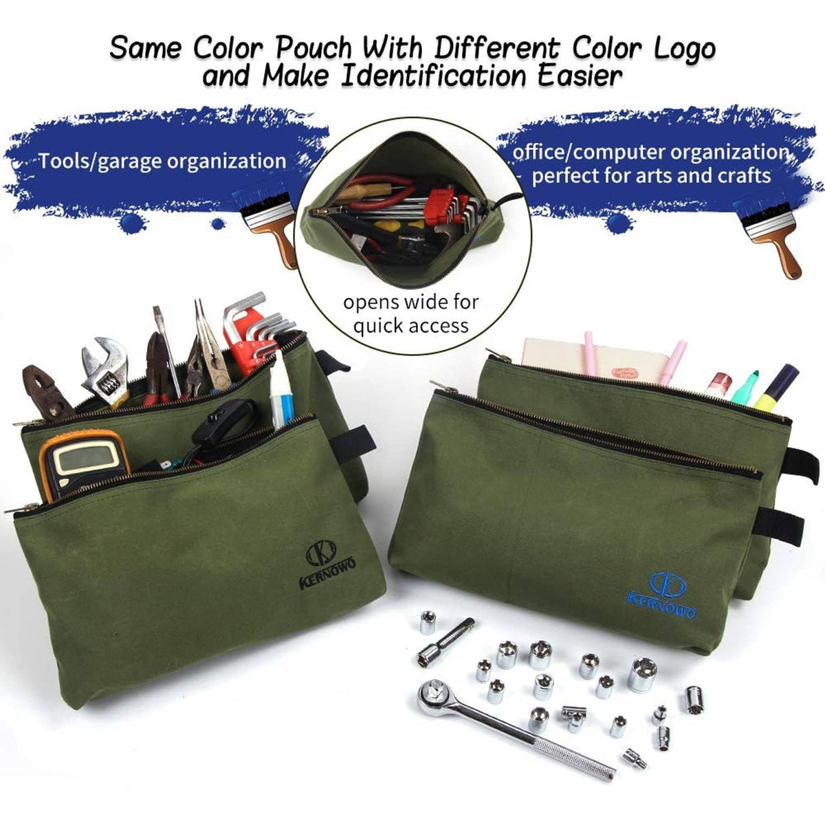 Olive green canvas zipper tool pouch, wide-open top for quick access