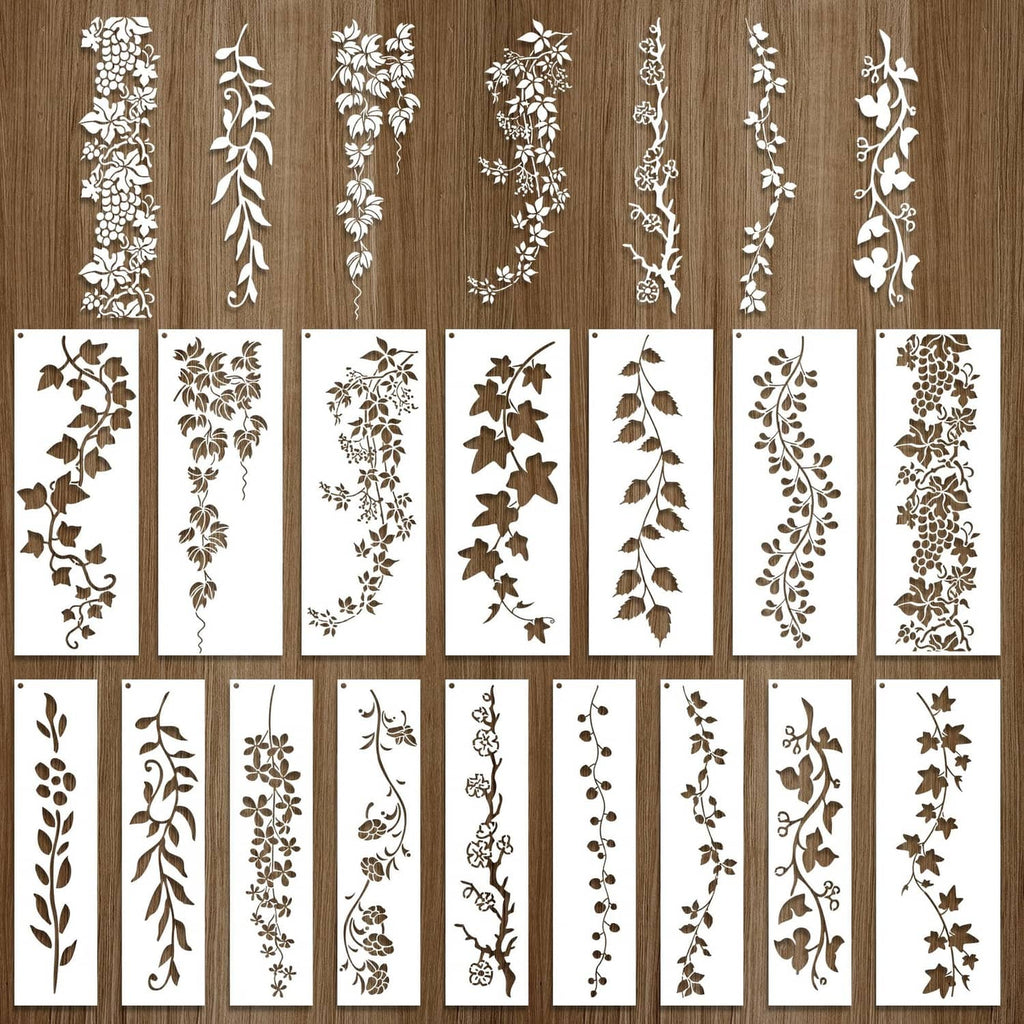 Leaf vine stencil set, 16 decorative leaf and floral designs on white sheets