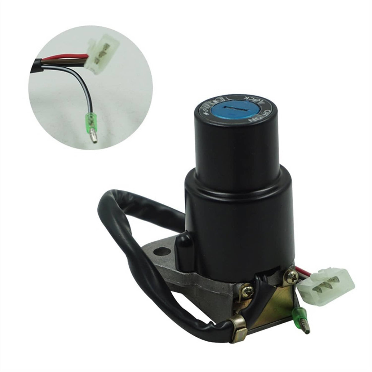 Ignition switch lock assembly with black cylinder, wiring harness, and connector