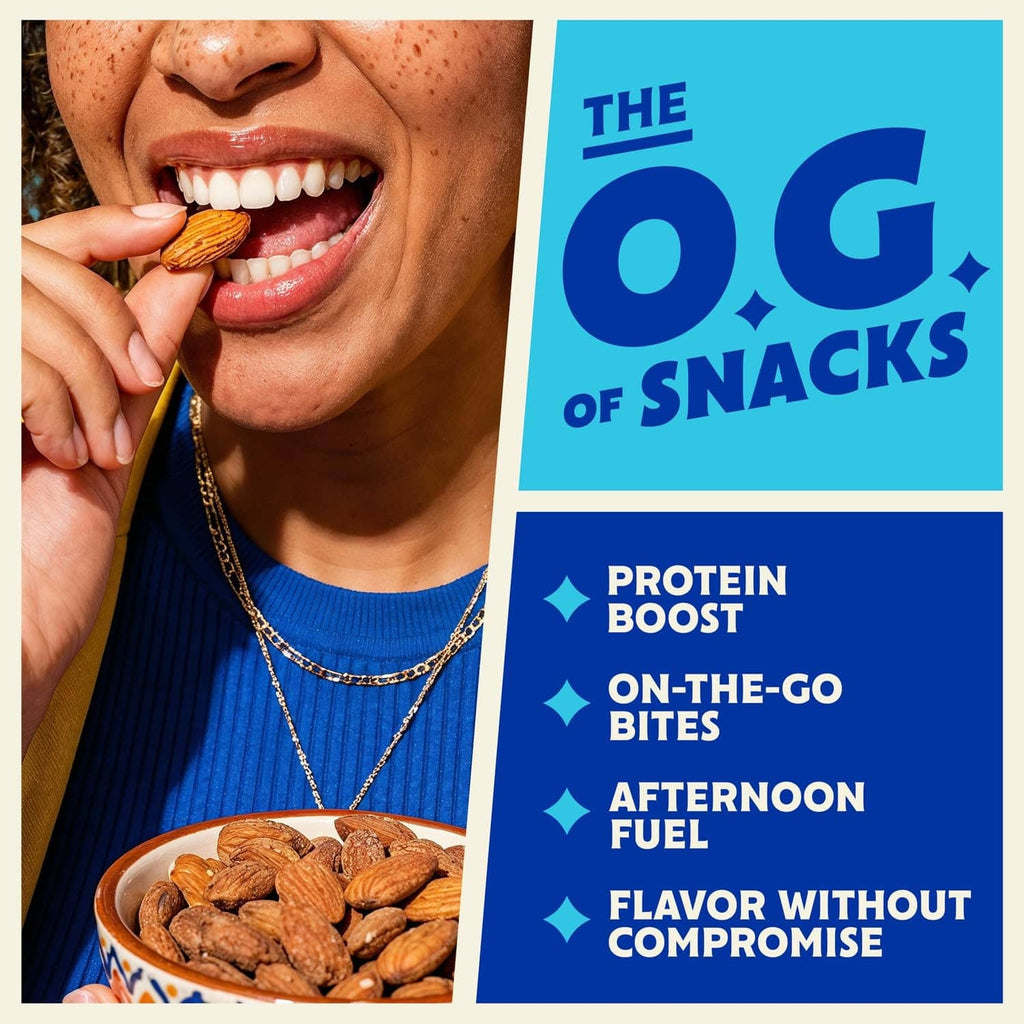 Blue Diamond almonds snack featuring a hand holding almonds with product packaging nearby