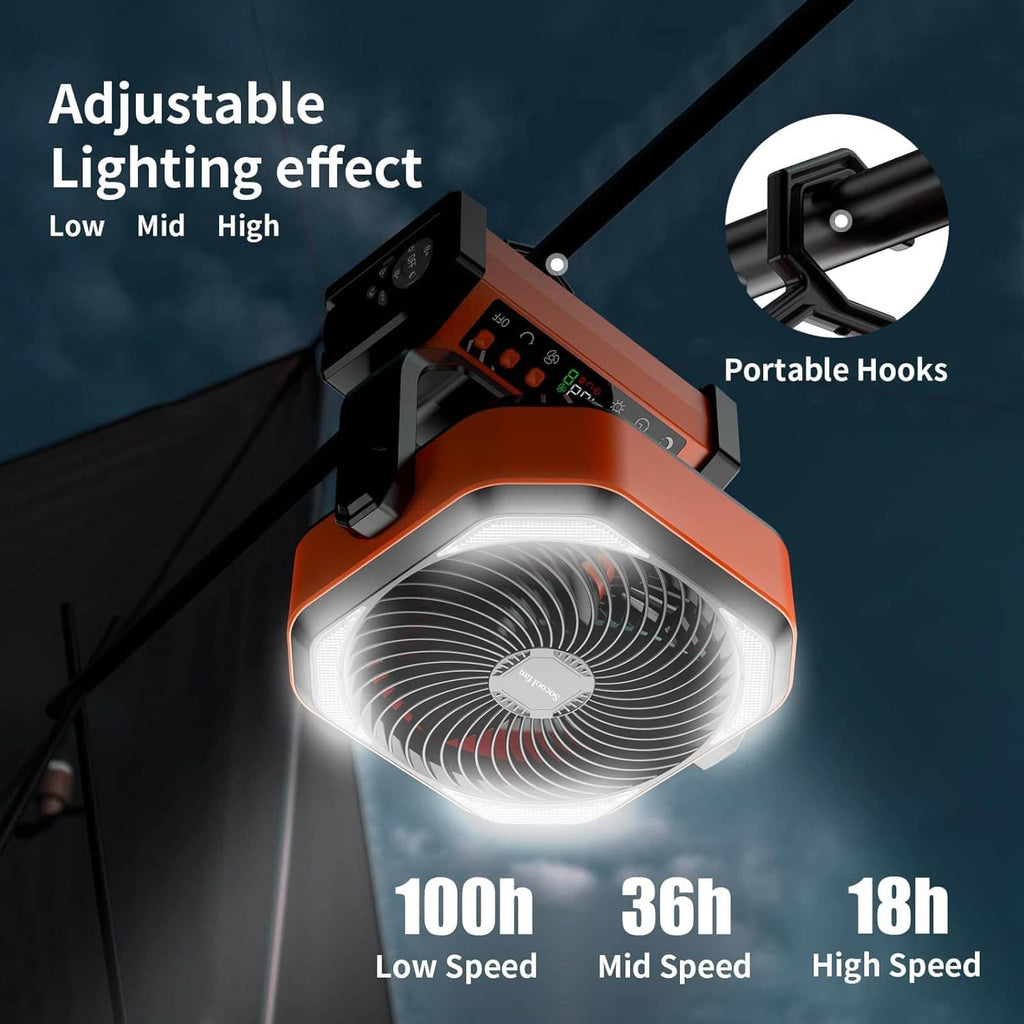 Rechargeable camping fan with light, orange and black adjustable LED lighting effect