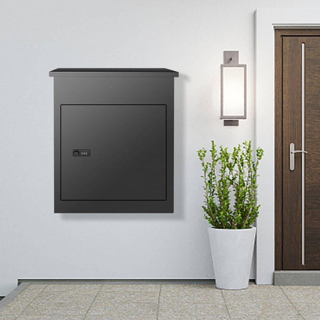 Wall-mounted outdoor parcel mailbox in dark gray with coded lock keypad