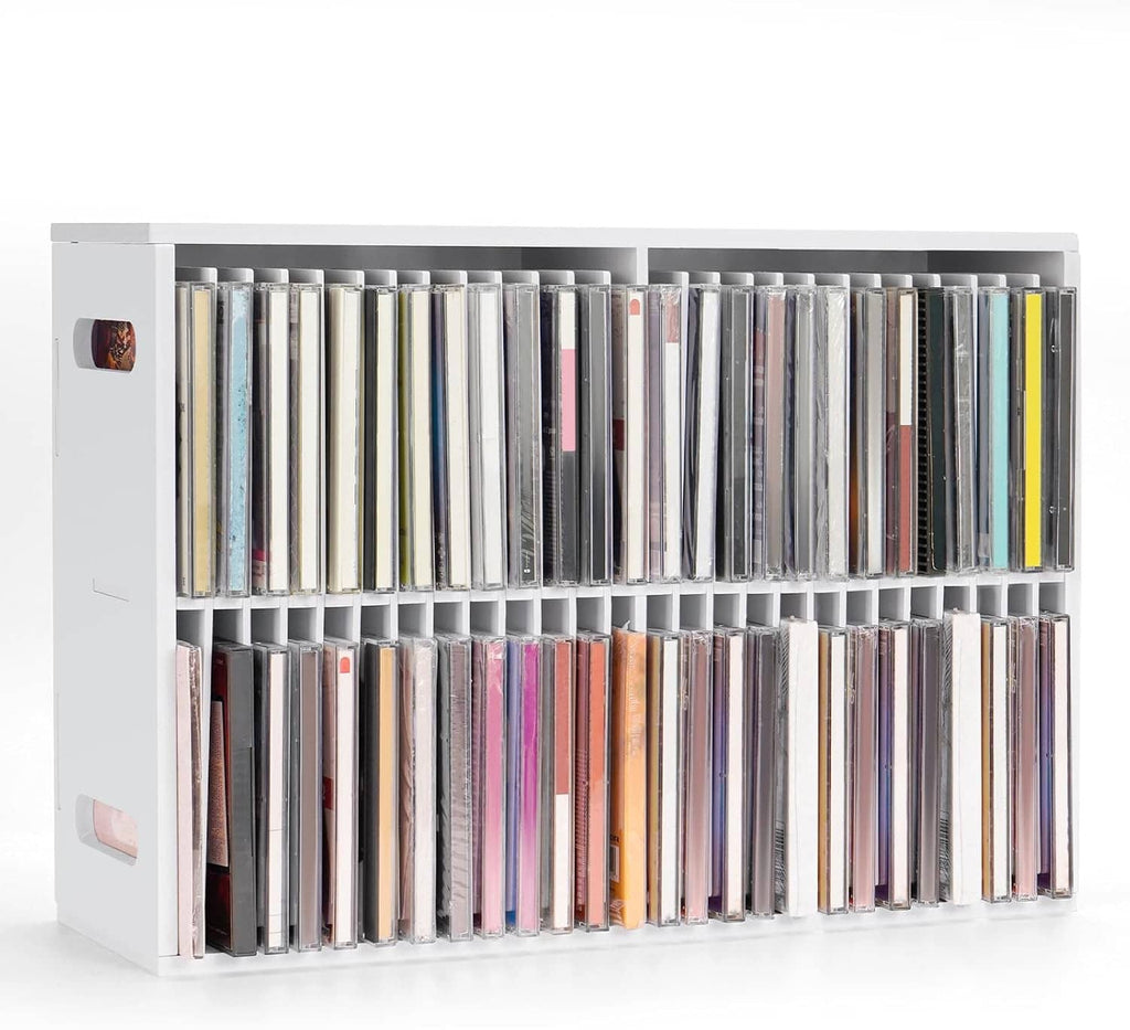 Wall-mounted CD storage holder with clear jewel case slots, 52-capacity display rack