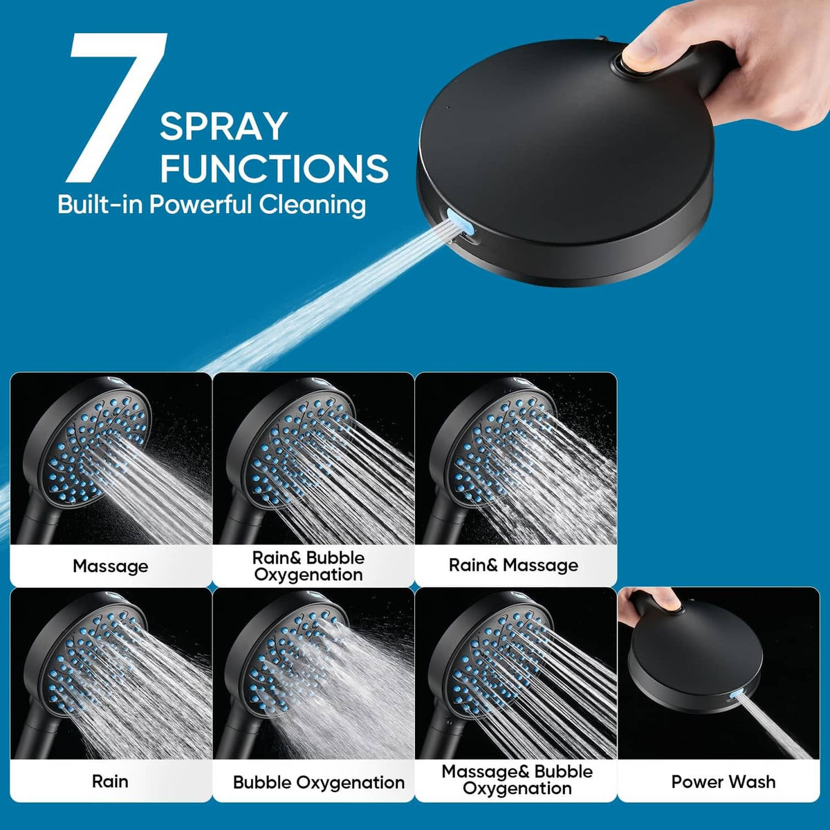 Matte black shower head with multiple spray jet pattern icons
