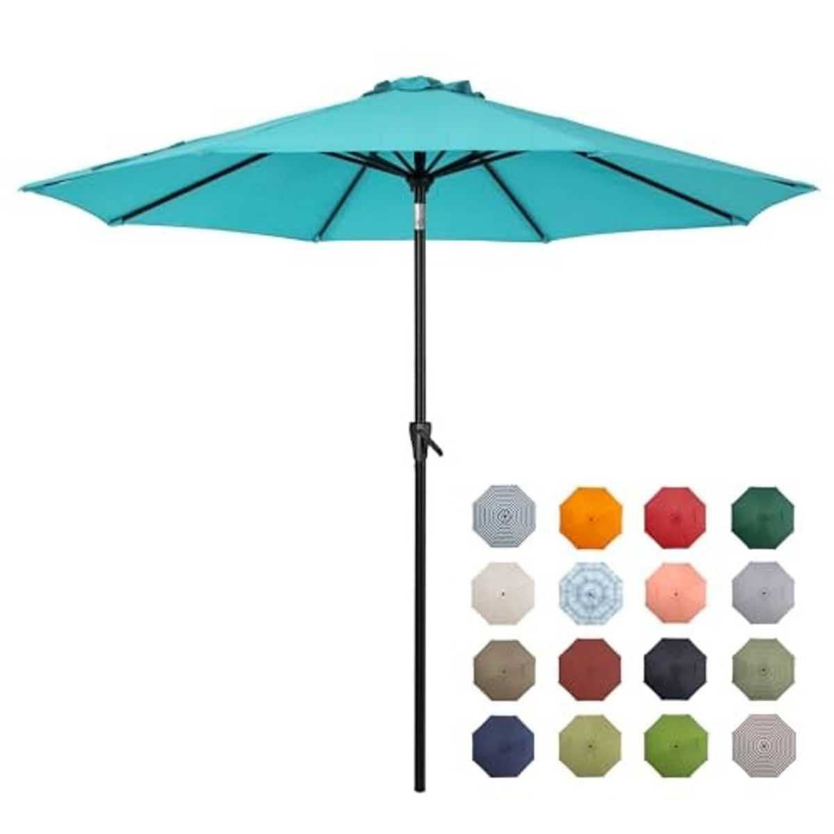 Turquoise outdoor table umbrella with open canopy and tilt mechanism on pole