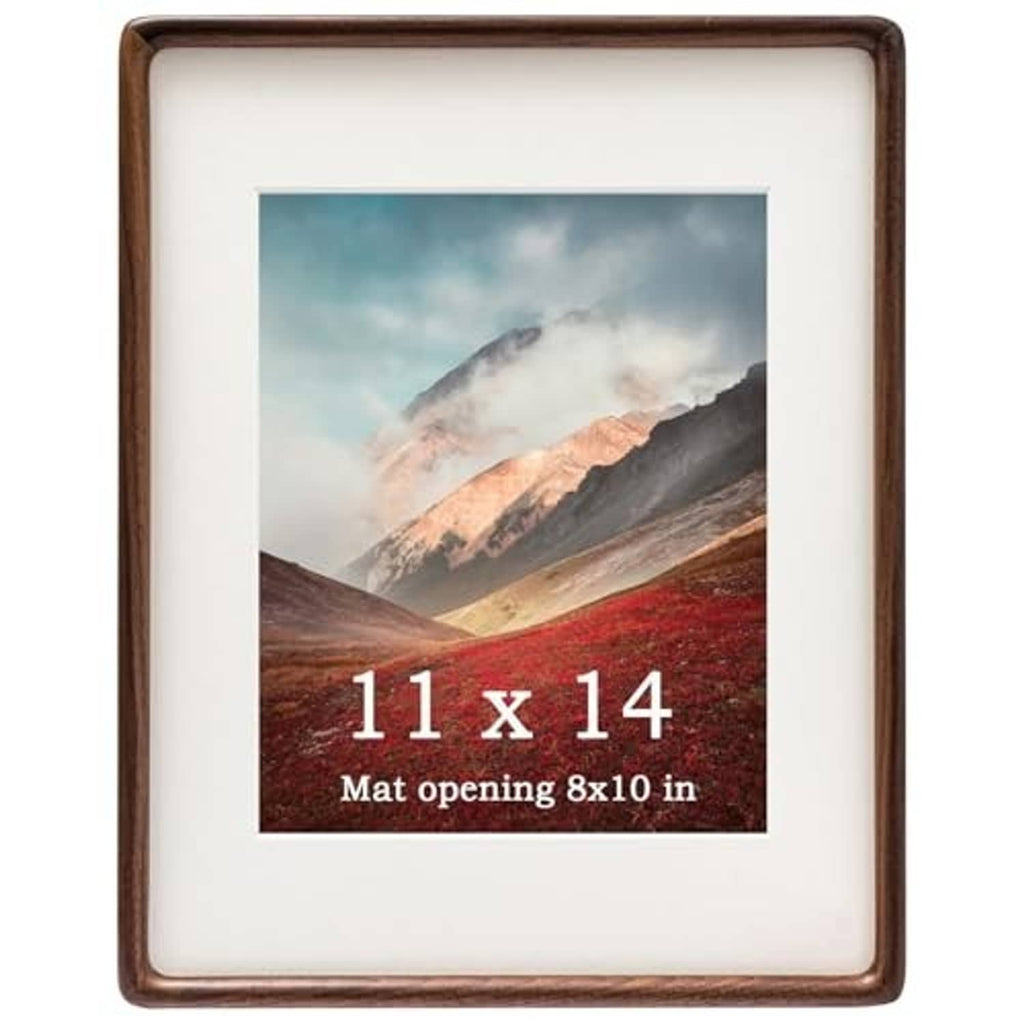 Walnut wood picture frame front view with white mat, holding 11 x 14 photo