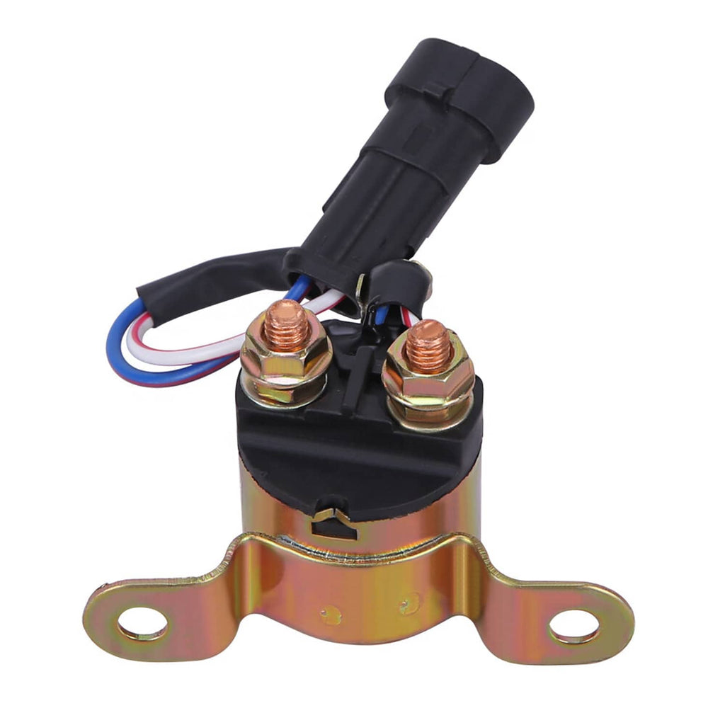 Starter relay solenoid front view with black connector and copper terminal bolts