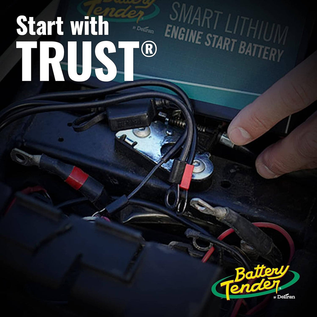 Ring terminal cable with red/black quick-disconnect connector installed on vehicle battery