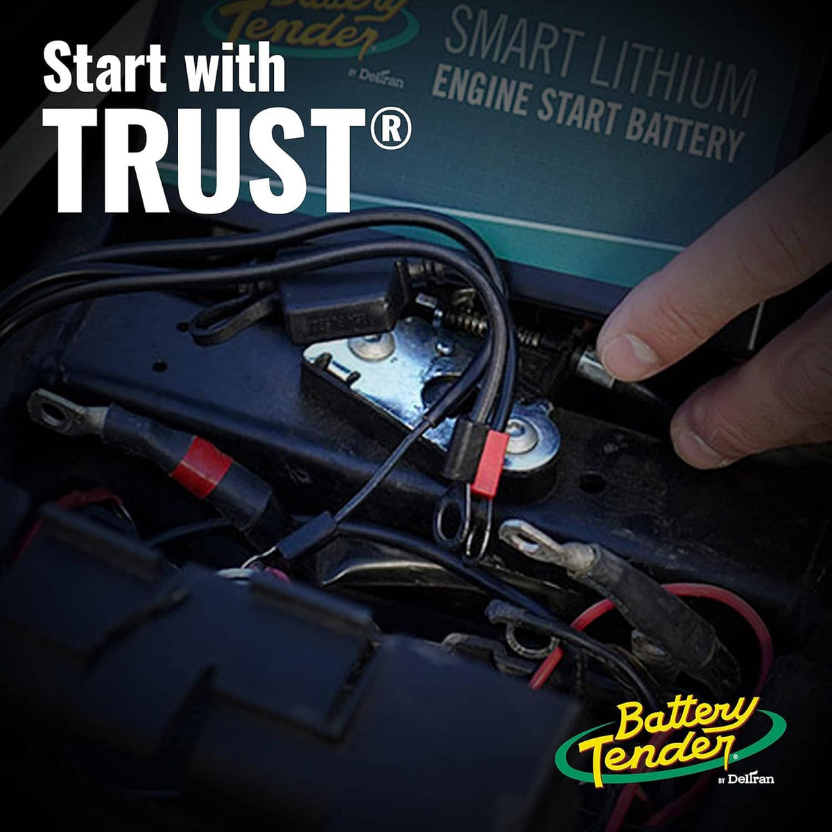 Ring terminal cable with red/black quick-disconnect connector installed on vehicle battery