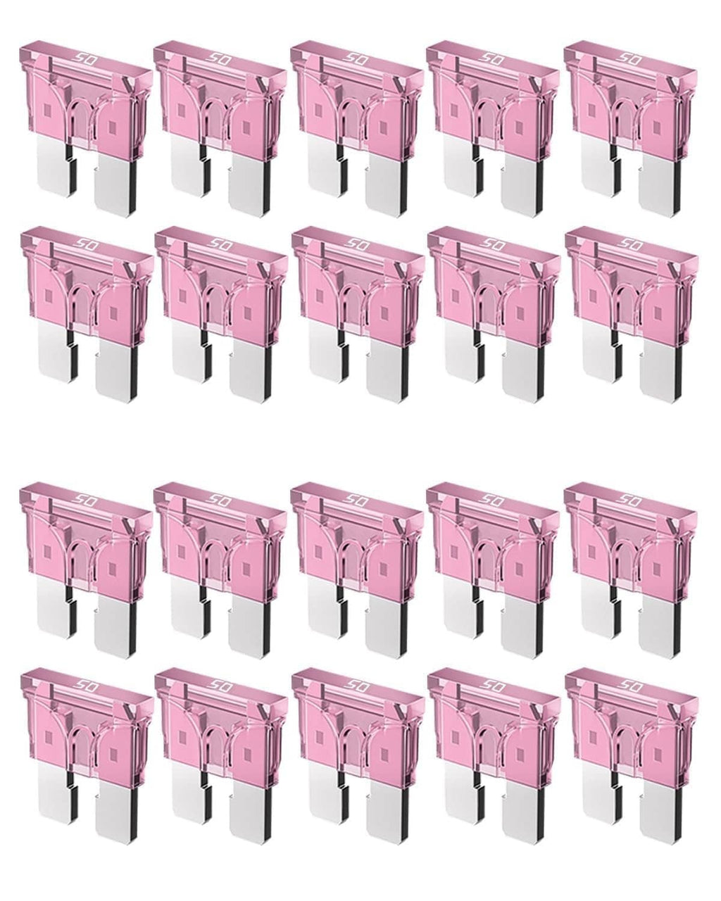 Riseuvo 50A standard automotive blade fuses, pink plastic housings, 20-pack