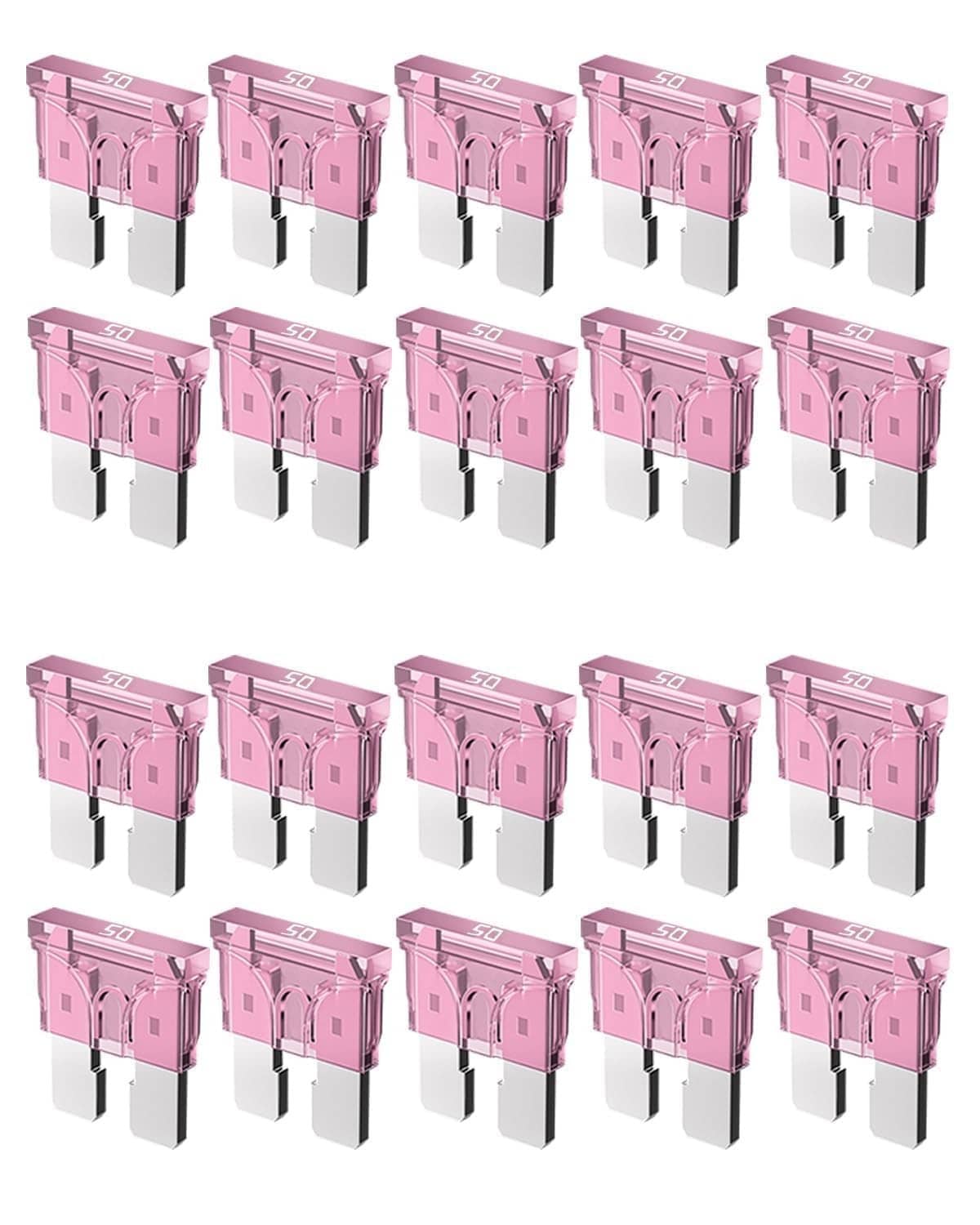 Riseuvo 50A standard automotive blade fuses, pink plastic housings, 20-pack