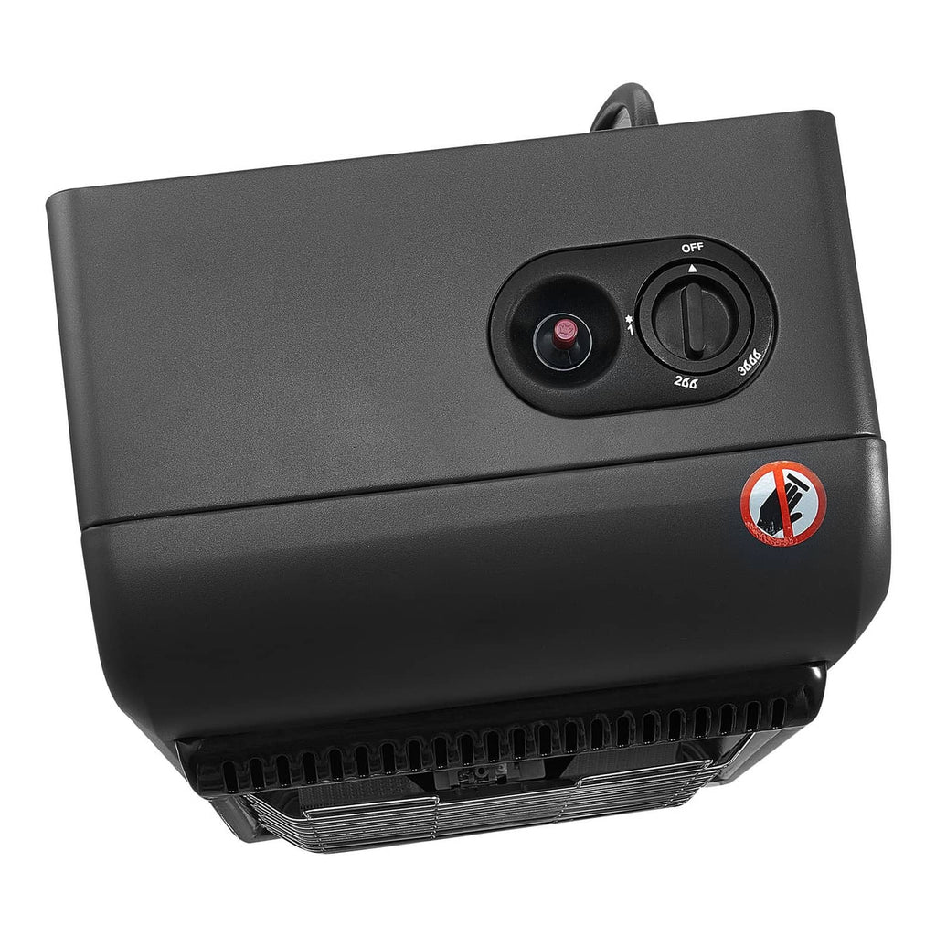 Black propane heater control panel with OFF knob and temperature dial
