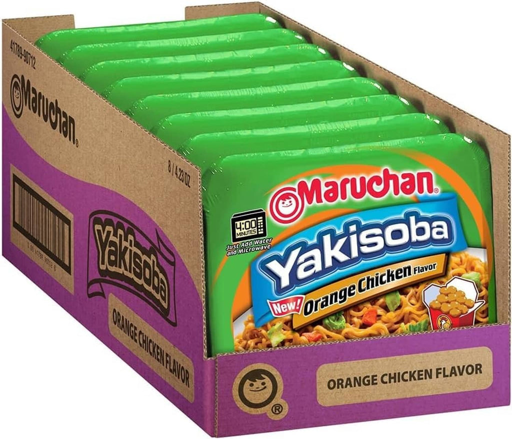 Instant Yakisoba orange chicken noodle pack, green tray, box side view