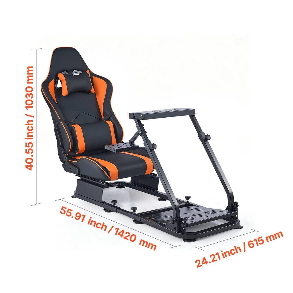 Compact racing wheel stand with black and orange seat and adjustable metal frame