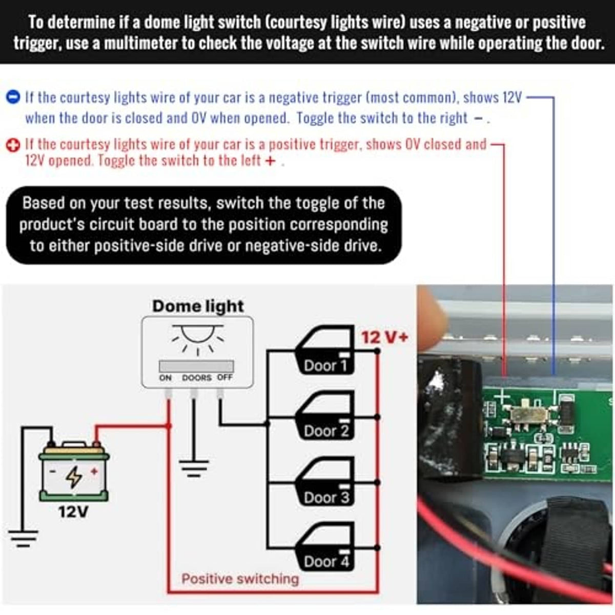 Car dome light wiring diagram showing 12V connections and door switch toggles