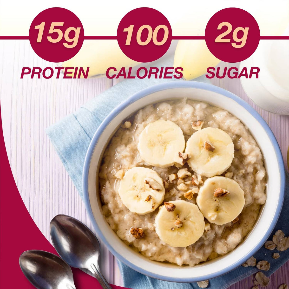 Banana nut instant oatmeal in a bowl with banana slices and nut pieces