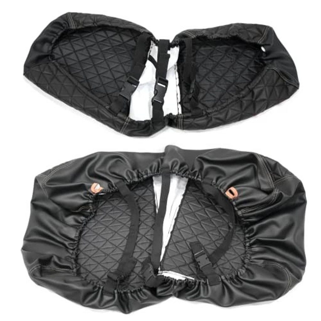 Black quilted seat cover pair with elastic openings and metal buckle fasteners