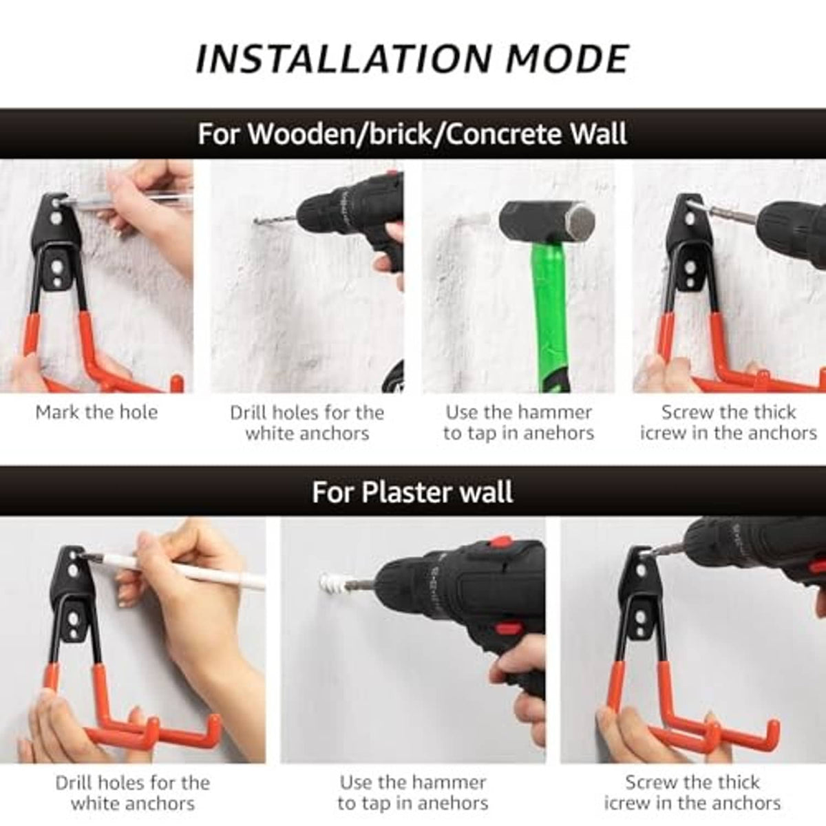 Wall-mount garage hooks installation steps for wood, concrete, and plaster walls