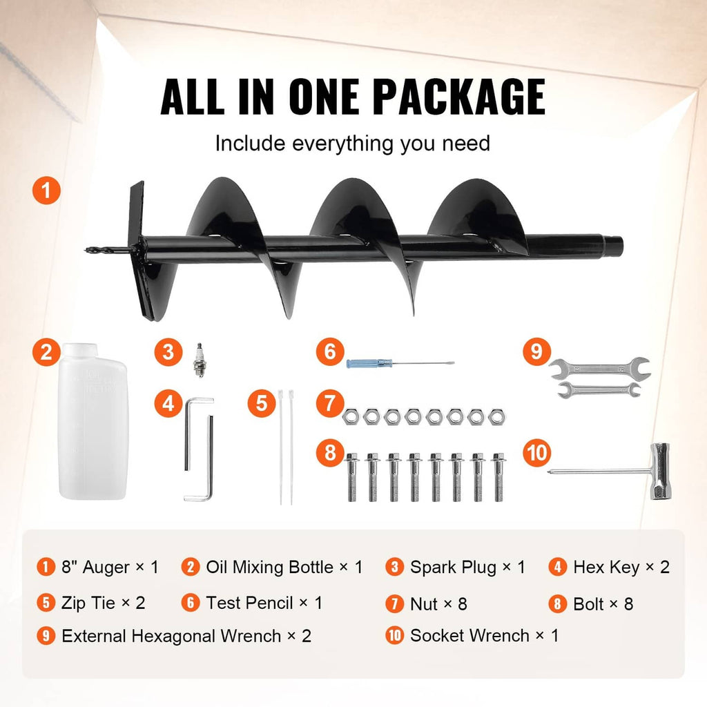 Post hole digger accessory package with auger bit, oil bottle, wrenches, and hex tools