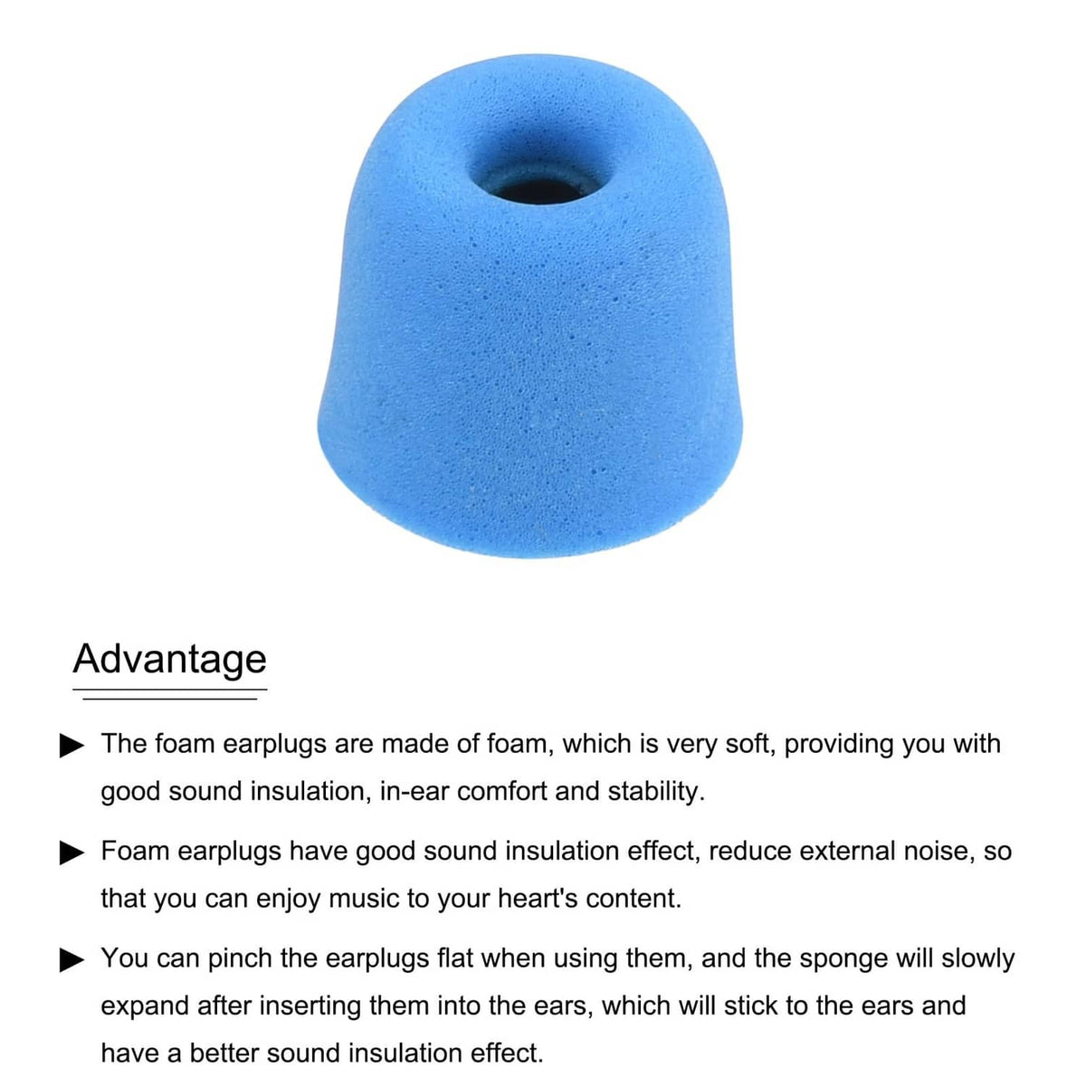 Blue foam ear tip for earbuds, soft rounded shape with center sound opening