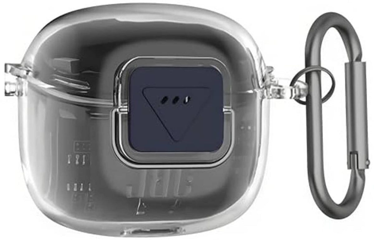Clear TPU earbud case with dark inner face and side hardware with lanyard clip
