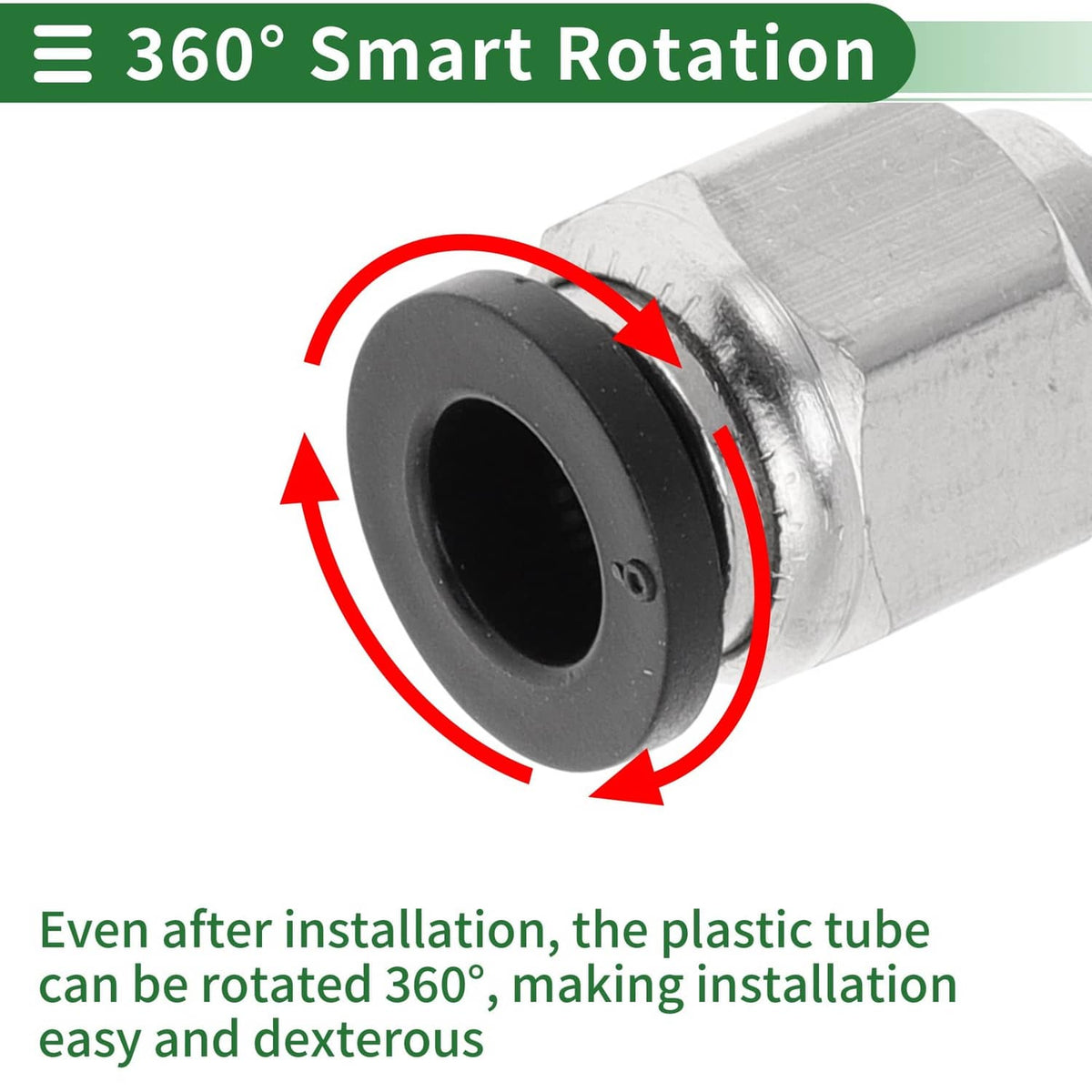 Push-to-connect air fitting end view with 360° rotating black collar feature