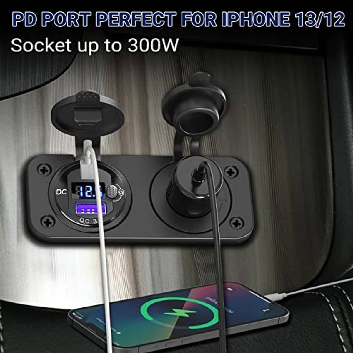 12V cigarette lighter USB outlet with charging cables connected to the USB ports