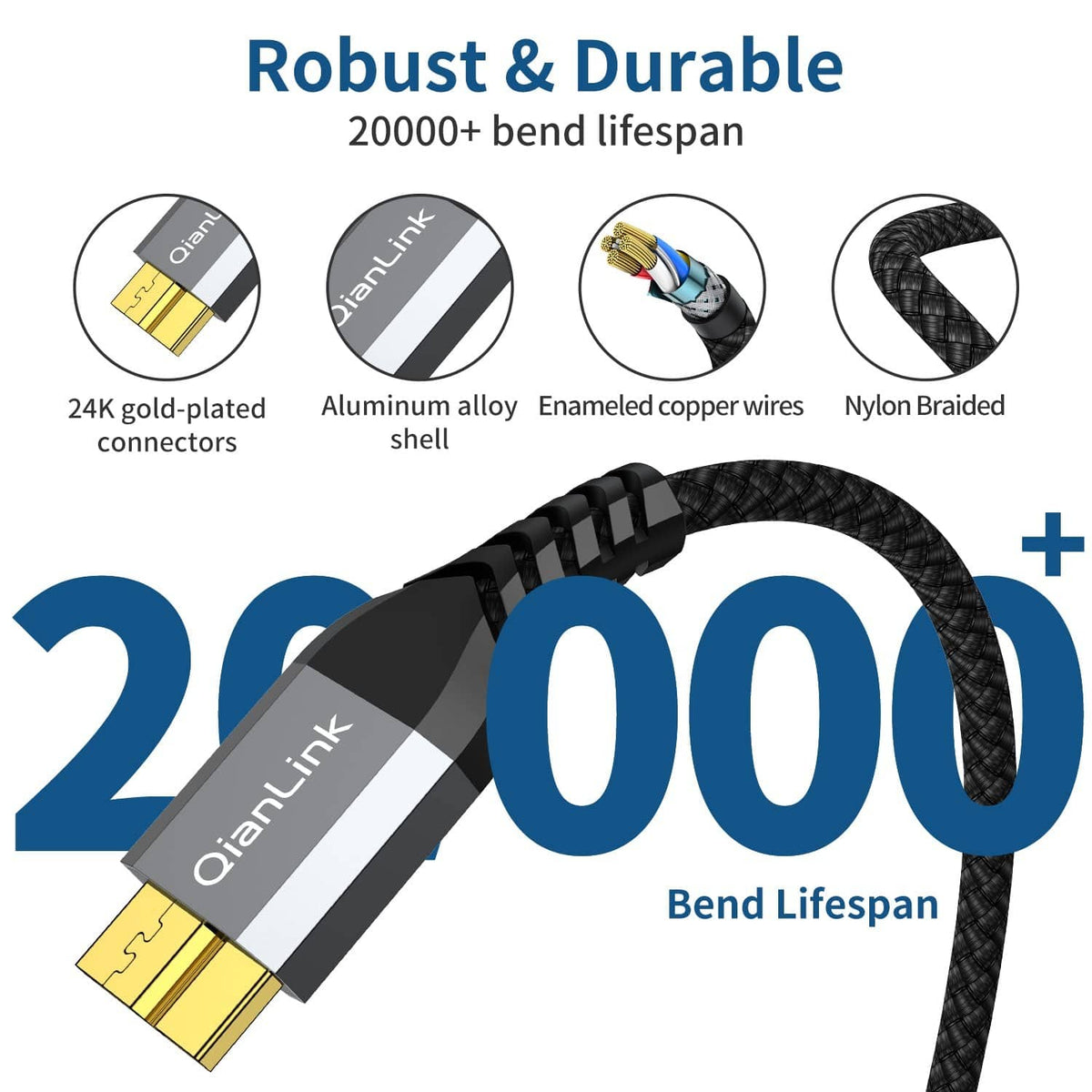 QianLink USB-C to Micro-B cable with nylon braided black jacket and gold-plated connectors.